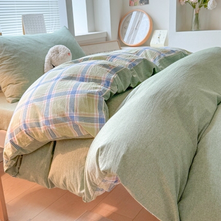 91家纺网 家纺一手货源 找家纺 雅萱家纺 2024新款色织全棉水洗棉床笠 水墨绿