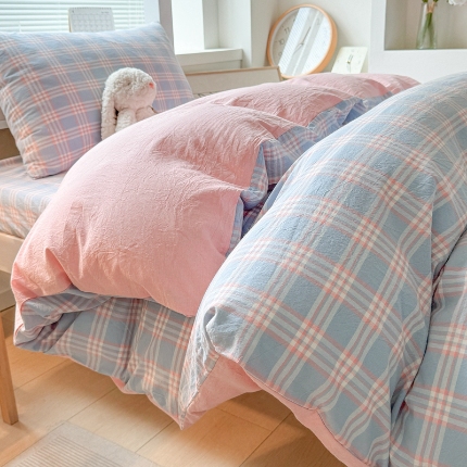 91家纺网 家纺一手货源 找家纺 雅萱家纺 2024新款色织全棉水洗棉床笠 日和-粉蓝