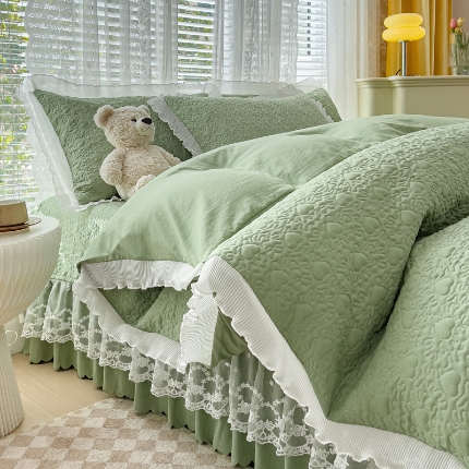 91家纺网 家纺一手货源 找家纺 水洗棉麻双层纱纯色多功能蕾丝床盖四件套 夹棉被套夏被两用套件直播爆款