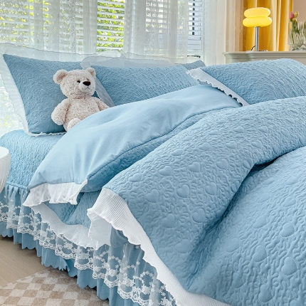 91家纺网 家纺一手货源 找家纺 水洗棉麻双层纱纯色多功能蕾丝床盖四件套 夹棉被套夏被两用套件直播爆款