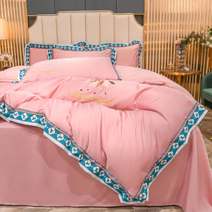 新款宽边数码印花水洗真丝绣花四件套 轻奢刺绣冰丝天丝套件