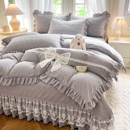 唐人居 2025新款韩式花边蝴蝶结床盖四件套-浪漫满屋 浪漫满屋-浅灰