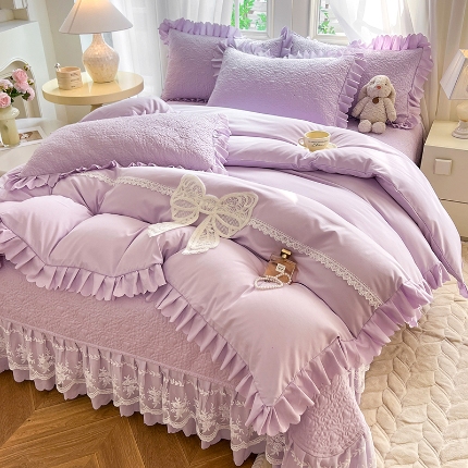 91家纺网 家纺一手货源 找家纺 唐人居 2025新款韩式花边蝴蝶结床盖四件套-浪漫满屋 浪漫满屋-浅紫