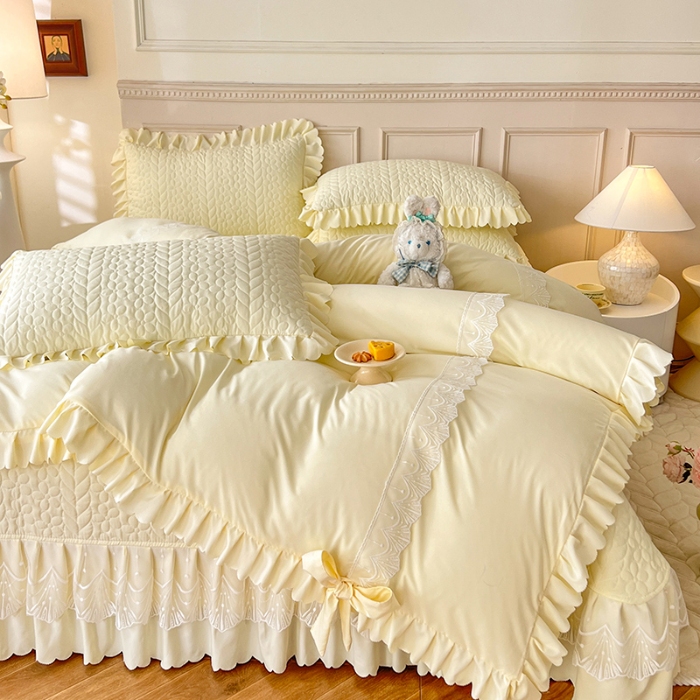 91家纺网 家纺一手货源 找家纺 唐人居 2025新款韩式花边蝴蝶结床盖四件套-优雅恋人 优雅恋人-奶白