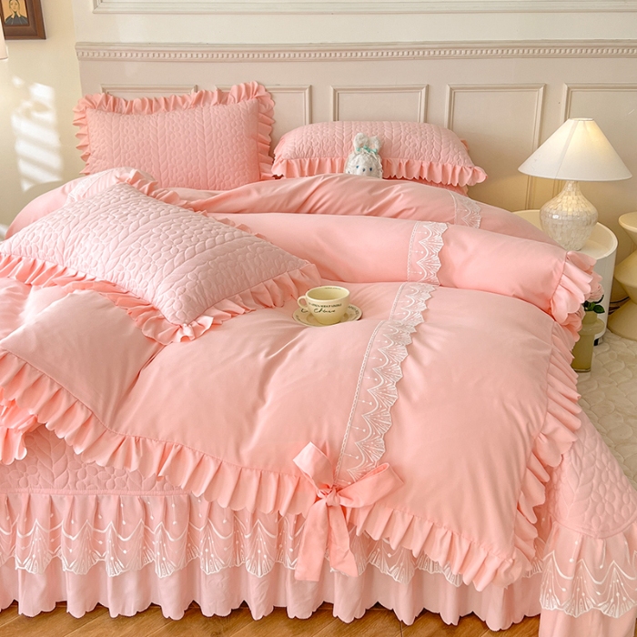 91家纺网 家纺一手货源 找家纺 唐人居 2025新款韩式花边蝴蝶结床盖四件套-优雅恋人 优雅恋人-浅粉