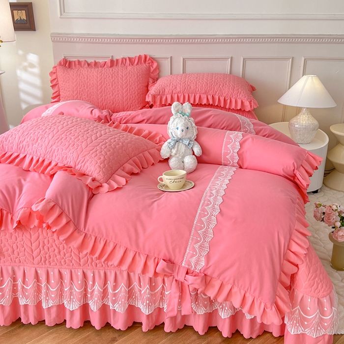 91家纺网 家纺一手货源 找家纺 唐人居 2025新款韩式花边蝴蝶结床盖四件套-优雅恋人 优雅恋人-红玉