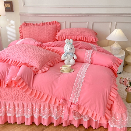 91家纺网 家纺一手货源 找家纺 （总）唐人居 2025新款韩式花边蝴蝶结床盖四件套-优雅恋人