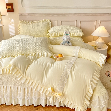 91家纺网 家纺一手货源 找家纺 （总）唐人居 2025新款韩式花边蝴蝶结床盖四件套-优雅恋人