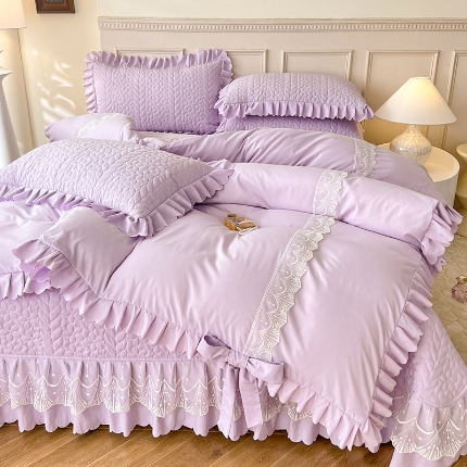 91家纺网 家纺一手货源 找家纺 （总）唐人居 2025新款韩式花边蝴蝶结床盖四件套-优雅恋人