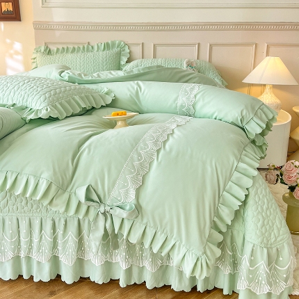 91家纺网 家纺一手货源 找家纺 （总）唐人居 2025新款韩式花边蝴蝶结床盖四件套-优雅恋人