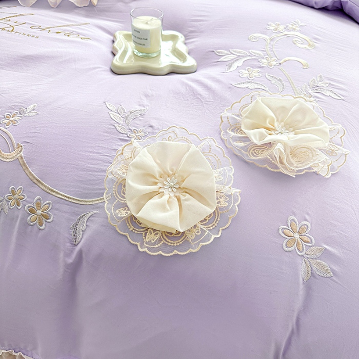 91家纺网 家纺一手货源 找家纺 漫布云2025韩版法式公主风水洗棉立体花绣花床盖款四件套蕾丝床盖款三件套