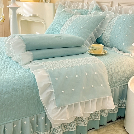 91家纺网 家纺一手货源 找家纺 （总）2024韩版少女心法式公主风水洗棉蕾丝花边绣花床盖款夏被四件套泡泡棉小竺棉凉感丝夏被床盖款四件套