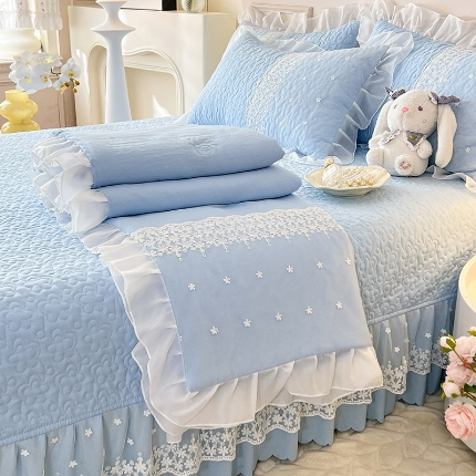 91家纺网 家纺一手货源 找家纺 （总）2024韩版少女心法式公主风水洗棉蕾丝花边绣花床盖款夏被四件套泡泡棉小竺棉凉感丝夏被床盖款四件套
