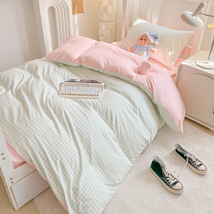 91家纺网 家纺一手货源 找家纺 （总）眠帛家居 2024新款A类学生三件套奶油风小清新毛巾绣暖心系列水洗棉床上用品四件套