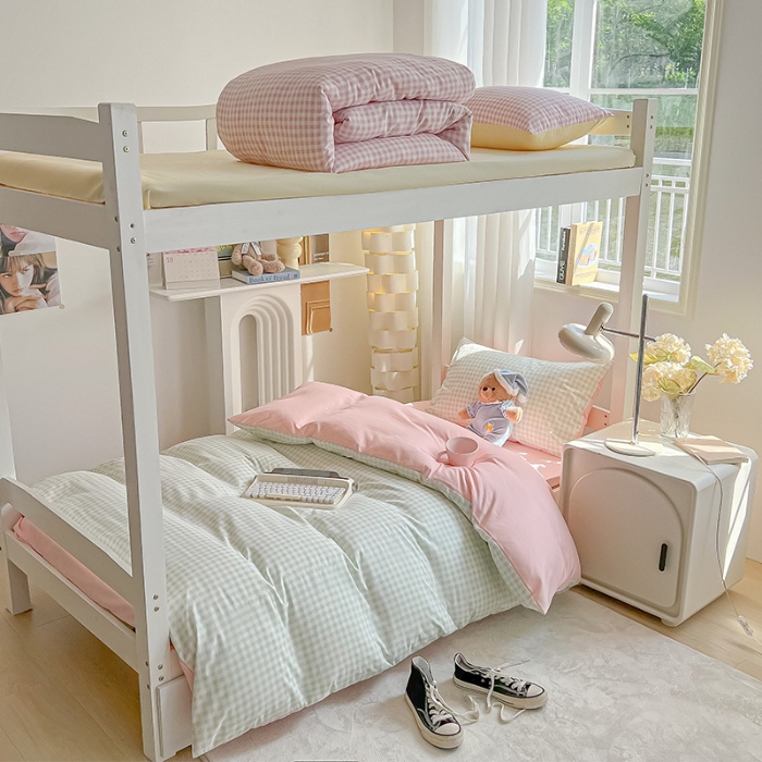 91家纺网 家纺一手货源 找家纺 （总）眠帛家居 2024新款A类学生三件套奶油风小清新毛巾绣暖心系列水洗棉床上用品四件套