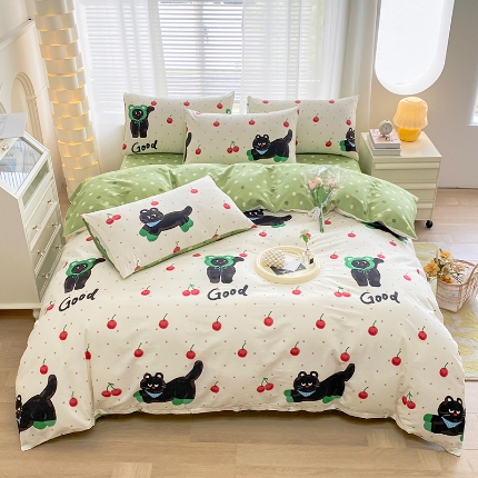 91家纺网 家纺一手货源 找家纺 宇彬家纺 2024新款13372全棉印花四件套和单被套怪诞猫咪