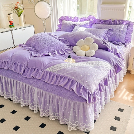 91家纺网 家纺一手货源 找家纺 （总）漫布云12斤230g全消光牛奶绒夹棉床盖四件套兔兔绒绒蕾丝床裙款四件套