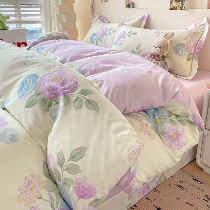 91家纺网 家纺一手货源 找家纺 （总）乐童家纺 2024新款直播爆款13070纯棉印花吊边款一字绣四件套第九波