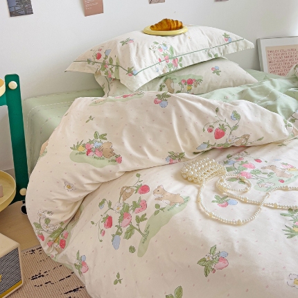 91家纺网 家纺一手货源 找家纺 （总）乐童家纺 2024新款直播爆款13070纯棉印花吊边款一字绣四件套第九波