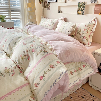 91家纺网 家纺一手货源 找家纺 （总）乐童家纺 2024新款直播爆款13070纯棉印花吊边款一字绣四件套第九波