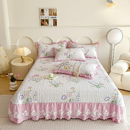 91家纺网 家纺一手货源 找家纺 （总）A类母婴级双层纱水洗棉麻花边床盖绗缝夹棉三件套榻榻米席梦思床垫子