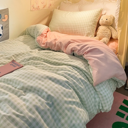 眠帛家居 2024新款A类学生三件套奶油风小清新毛巾绣暖心系列水洗棉床上用品四件套图2 暖心-清新绿格