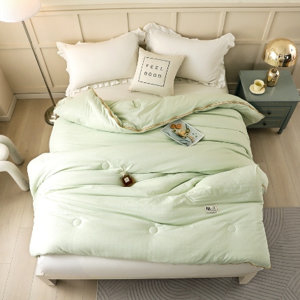 91家纺网 家纺一手货源 找家纺 初相识被业 2025新款小豆仙提花针织棉拉链子母被 提花水绿