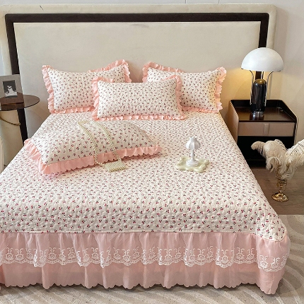 91家纺网 家纺一手货源 找家纺 （总）A类母婴级双层纱水洗棉麻花边床盖绗缝夹棉三件套榻榻米席梦思床垫子