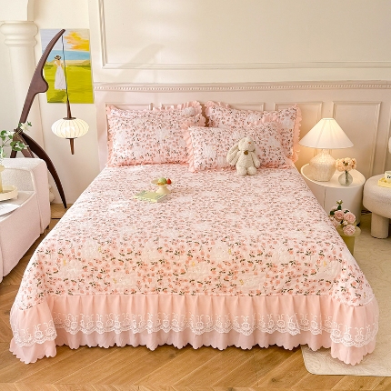 91家纺网 家纺一手货源 找家纺 （总）A类母婴级双层纱水洗棉麻花边床盖绗缝夹棉三件套榻榻米席梦思床垫子