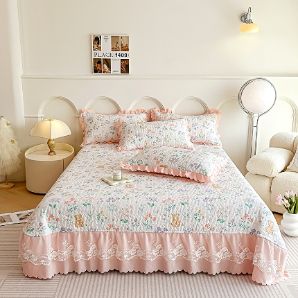 91家纺网 家纺一手货源 找家纺 （总）A类母婴级双层纱水洗棉麻花边床盖绗缝夹棉三件套榻榻米席梦思床垫子