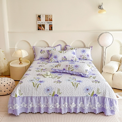 91家纺网 家纺一手货源 找家纺 （总）A类母婴级双层纱水洗棉麻花边床盖绗缝夹棉三件套榻榻米席梦思床垫子