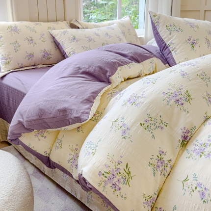 91家纺网 家纺一手货源 找家纺 可思家纺 2024新款有氧提花 云纱棉四件套 紫苏