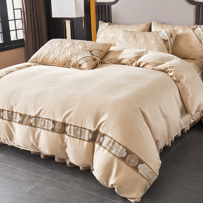 91家纺网 家纺一手货源 找家纺 （总）罗艺轩 2024新款贡缎夹棉中国风新中式系列床裙款四件套