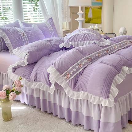 91家纺网 家纺一手货源 找家纺 （总）舒咪欧 2025新款床裙床盖款泡泡纱纯色绣花韩版水洗棉花边款法式公主风四件套