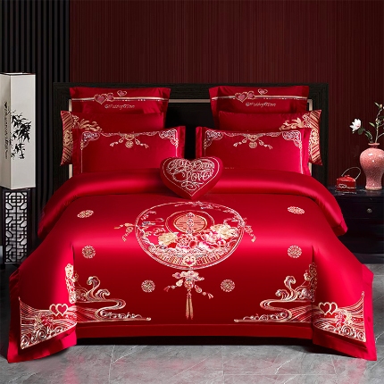 91家纺网 家纺一手货源 找家纺 振翼 2025新款40s全棉丝光喷气婚庆四件套多件套1 团团圆圆