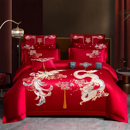 91家纺网 家纺一手货源 找家纺 振翼 2025新款40s全棉丝光喷气婚庆四件套多件套1 大龙大凤