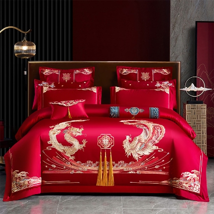 91家纺网 家纺一手货源 找家纺 振翼 2025新款40s全棉丝光喷气婚庆四件套多件套1 龙凤传奇