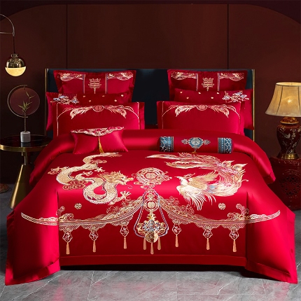 91家纺网 家纺一手货源 找家纺 振翼 2025新款40s全棉丝光喷气婚庆四件套多件套1 龙凤之恋