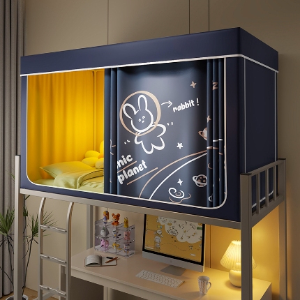 91家纺网 家纺一手货源 找家纺 2024新款物理强遮光纳米技术静电植绒环保透气床帘加密纱学生蚊帐