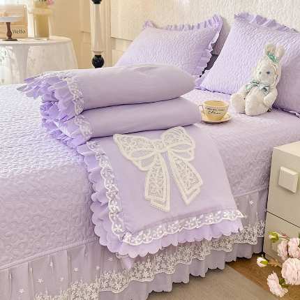 2025韩版少女心法式公主风水洗棉蕾丝花边夏被床盖款四件套泡泡棉小竺棉凉蝴蝶结夏被床盖款四件套 