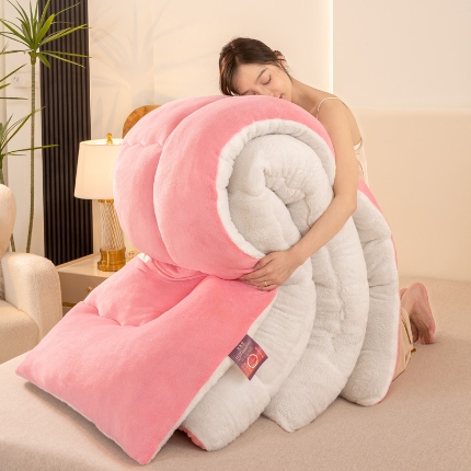 恋之巢 2024新款牛奶绒羊羔绒冬被 牛奶绒+羊羊羔绒  蜜桃粉竖条