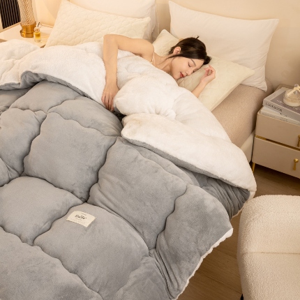 91家纺网 家纺一手货源 找家纺 恋之巢家纺 2024新款牛奶绒+羊羔绒被芯 牛奶绒+羊羔绒-浅灰