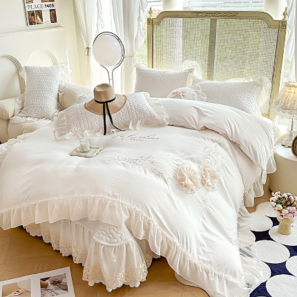 91家纺网 家纺一手货源 找家纺 苏米娜2025韩版法式公主风少女心水洗棉立体花绣花床盖款四件套蕾丝花边床盖款夏被四件套