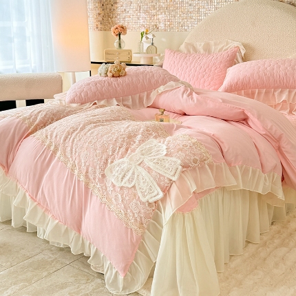 91家纺网 家纺一手货源 找家纺 2025法式公主风水洗棉立体花绣花床盖款四件套蕾丝床盖款三件套韩版贴布绣雪纺花边床盖款四件套