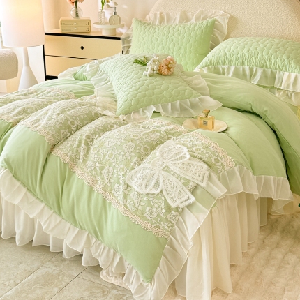 91家纺网 家纺一手货源 找家纺 2025法式公主风水洗棉立体花绣花床盖款四件套蕾丝床盖款三件套韩版贴布绣雪纺花边床盖款四件套