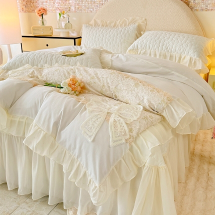 91家纺网 家纺一手货源 找家纺 2025法式公主风水洗棉立体花绣花床盖款四件套蕾丝床盖款三件套韩版贴布绣雪纺花边床盖款四件套