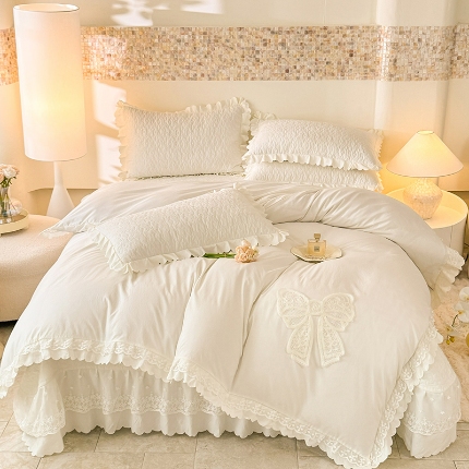 91家纺网 家纺一手货源 找家纺 （总）漫布云韩版法式公主风蝴蝶结超柔水洗棉糯小棉被套款床盖款四件套少女心泡泡棉小竺棉凉蝴蝶结夏被床盖款四件套