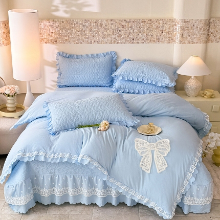 91家纺网 家纺一手货源 找家纺 （总）漫布云韩版法式公主风蝴蝶结超柔水洗棉糯小棉被套款床盖款四件套少女心泡泡棉小竺棉凉蝴蝶结夏被床盖款四件套
