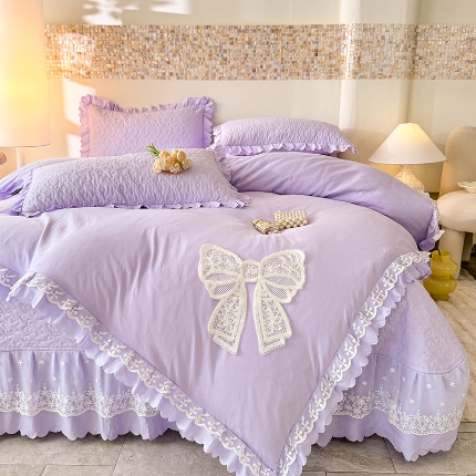 91家纺网 家纺一手货源 找家纺 （总）苏米娜韩版法式公主风蝴蝶结超柔水洗棉糯小棉被套款床盖款四件套少女心泡泡棉小竺棉凉蝴蝶结夏被床盖款四件套	
