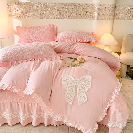 91家纺网 家纺一手货源 找家纺 （总）苏米娜韩版法式公主风蝴蝶结超柔水洗棉糯小棉被套款床盖款四件套少女心泡泡棉小竺棉凉蝴蝶结夏被床盖款四件套	